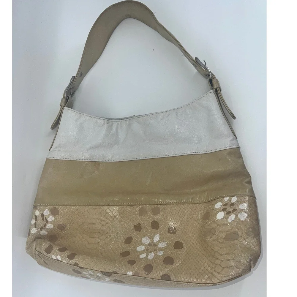 Lanzetti by Lexiapel Hobo Bag Beige White Floral Snakeskin Genuine Leather Purse